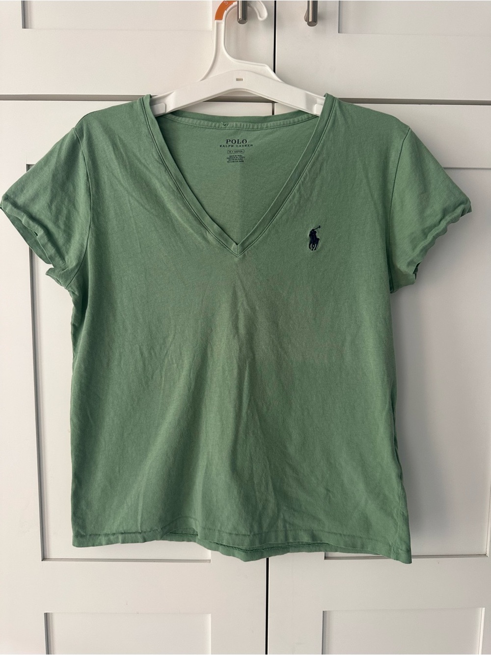 Polo by Ralph Lauren Women's V-Neck Tee in Light Green with Navy Logo